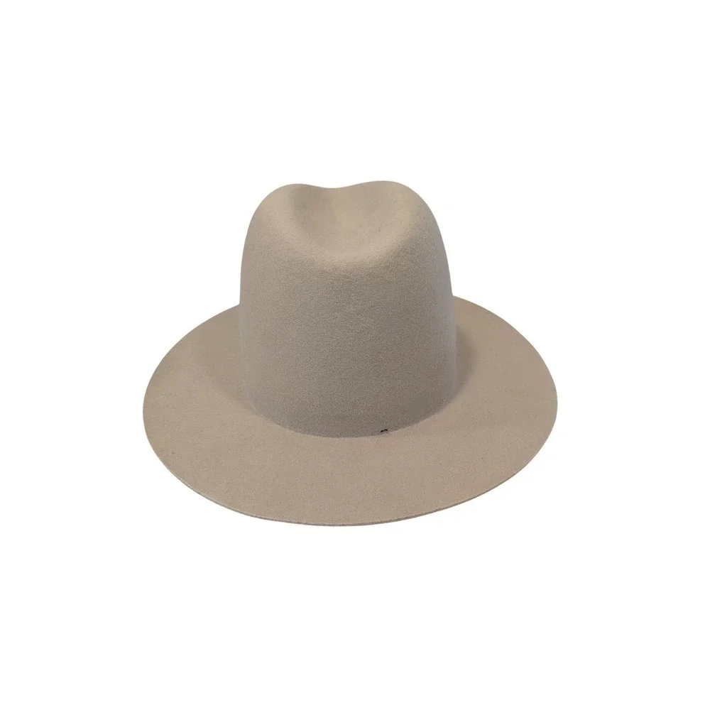 Gigi Pip Billie Tall Fedora Hat Taupe Wool Wide Brim Pinched Crown